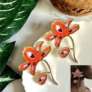 2/$30🌵 Orange Flower Embroidered Look Earrings Statement Garden Floral Boho NEW